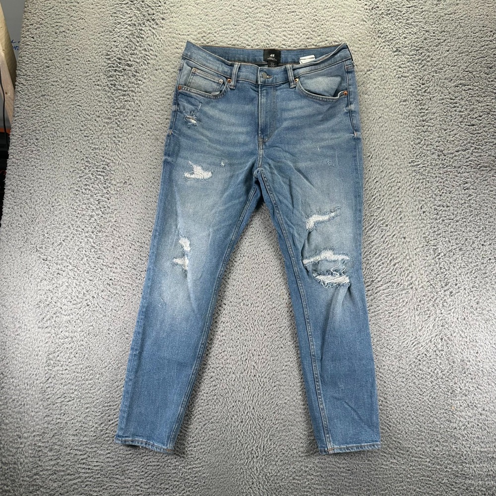 H&M Jeans Mens 34x28 Blue Cotton Denim Skinny Faded Distressed Workwear Stretch